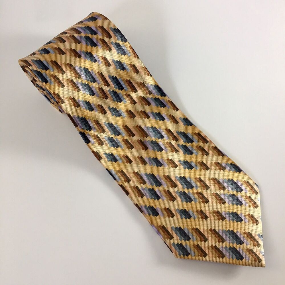 Adolfo Men's Neck Tie 100% Silk Blues/Beige/Gold Geometric